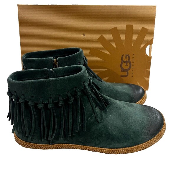 UGG Shoes - UGG Shenandoah Pine Suede Fringe Boho Western Ankle Boots Size 8.5 Green NEW NIB